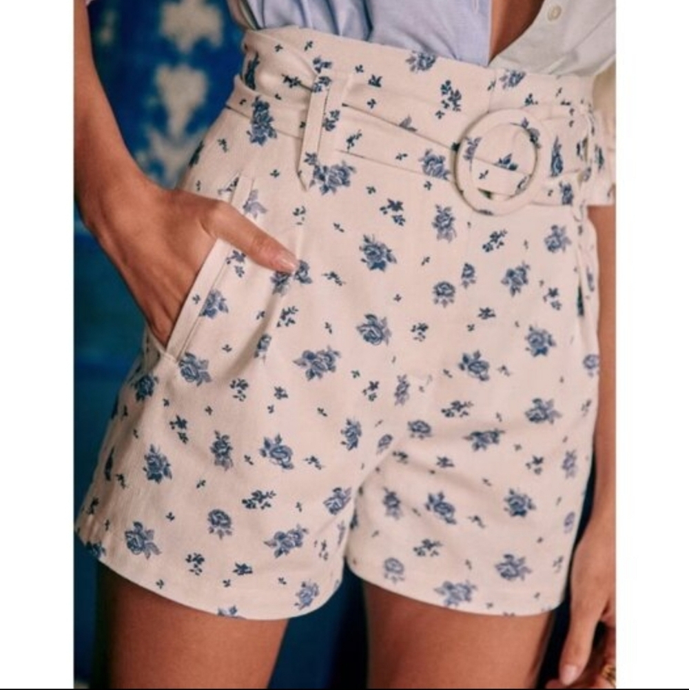 Sezane High-Waist Floral Belted Shorts - Blue on Cream